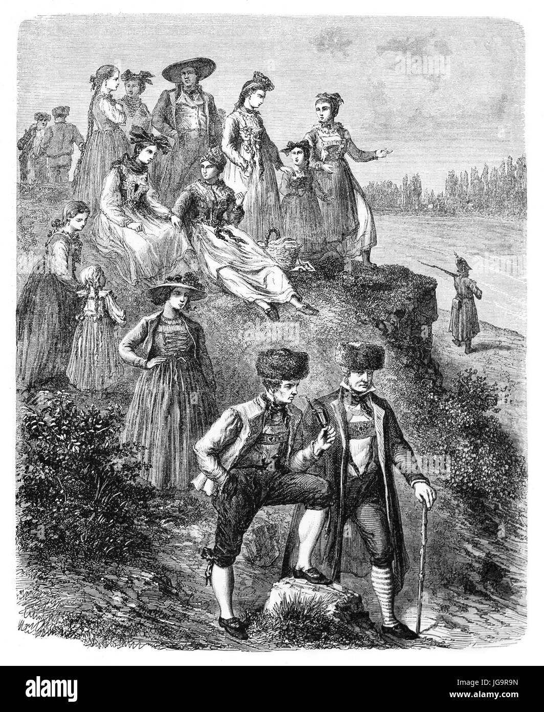 Vecchia illustrazione di Baden contadini in costumi tradizionali. Creato da Lancelot, pubblicato in Le Tour du Monde, Parigi, 1861 Foto Stock