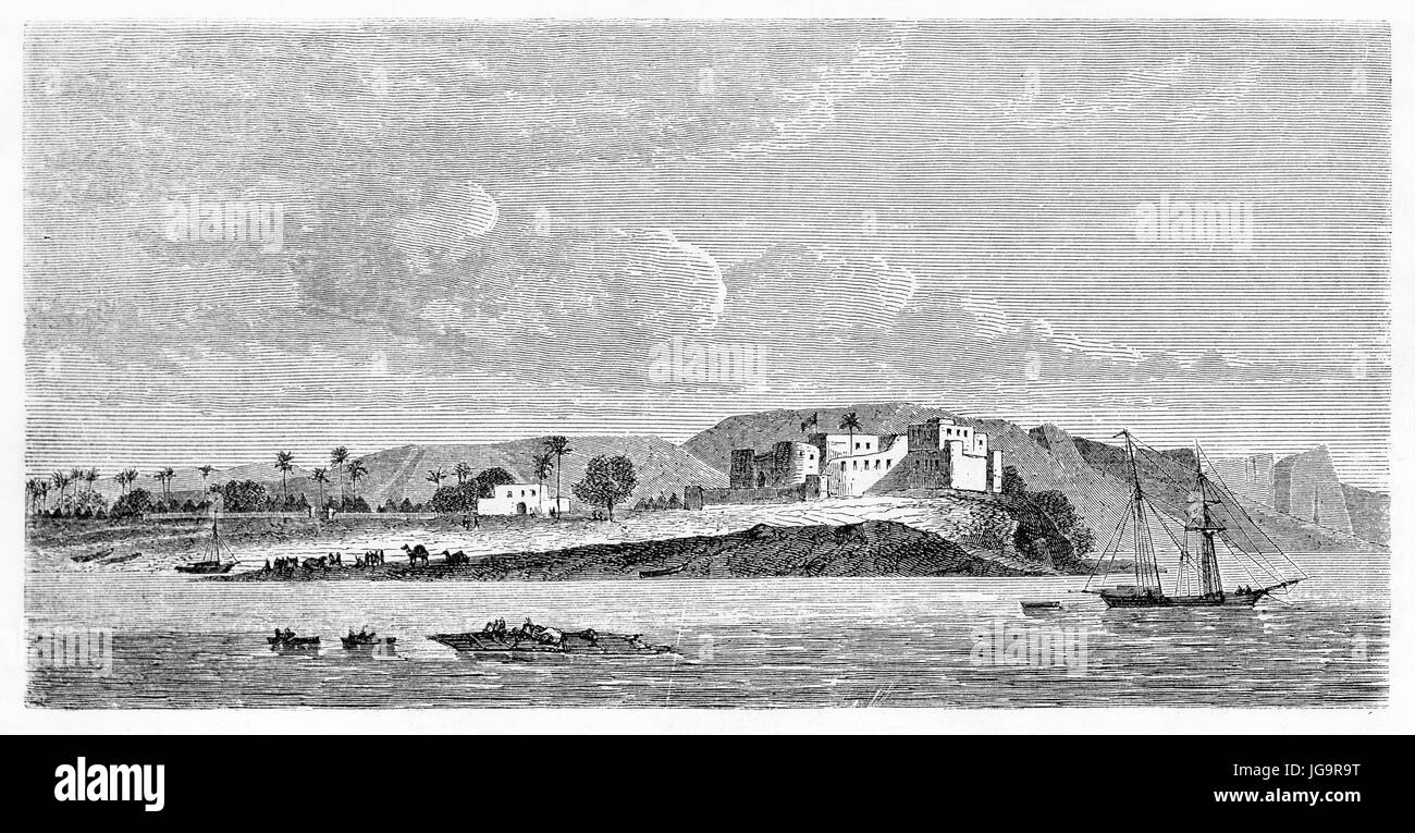 Vecchio vista di Bakel fort lungo il fiume Senegal, 700 km ad est di Saint Louis, Senegal. Creato da De Bérard dopo Nouveaux, pubblicato in Le Tour du Monde, P Foto Stock