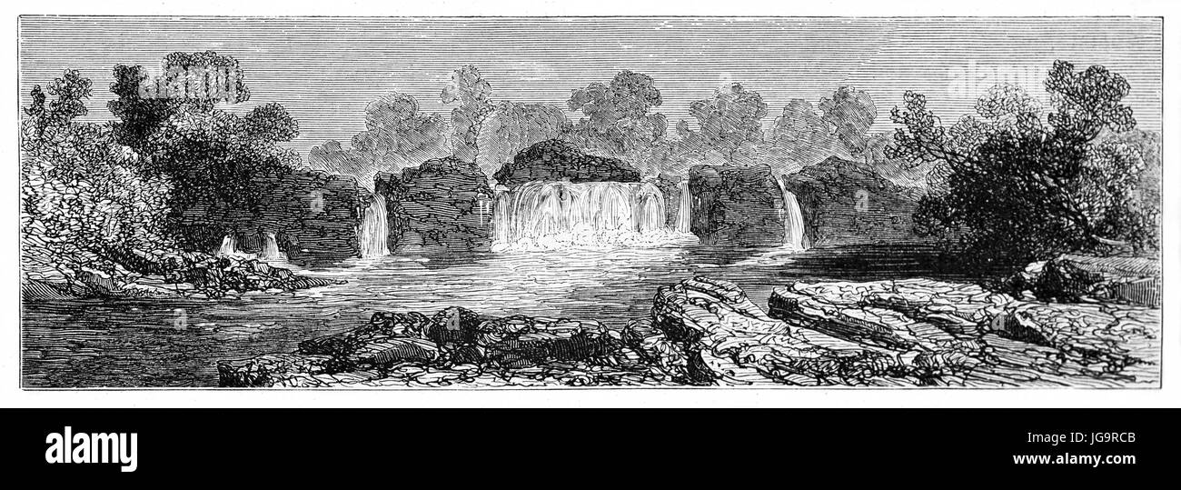 Vecchio vista delle cascate lungo il fiume Corubal (noto anche come Tominé), Guinea. Creato da Sabatier dopo Lambert, pubblicato in Le Tour du Monde, Parigi, 18 Foto Stock
