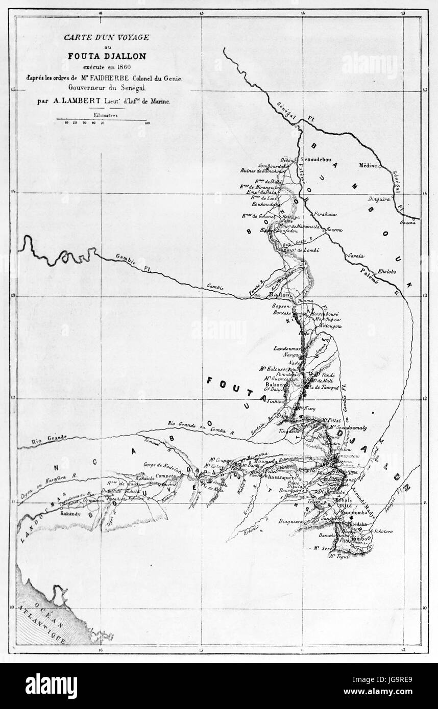Mappa vecchia di Fouta Djalon esplorazione itinerario, l'Africa occidentale. Creato da Erahrd e Bonaparte dopo Faidherbe e Lambert, pubblicato in Le Tour du Mo Foto Stock