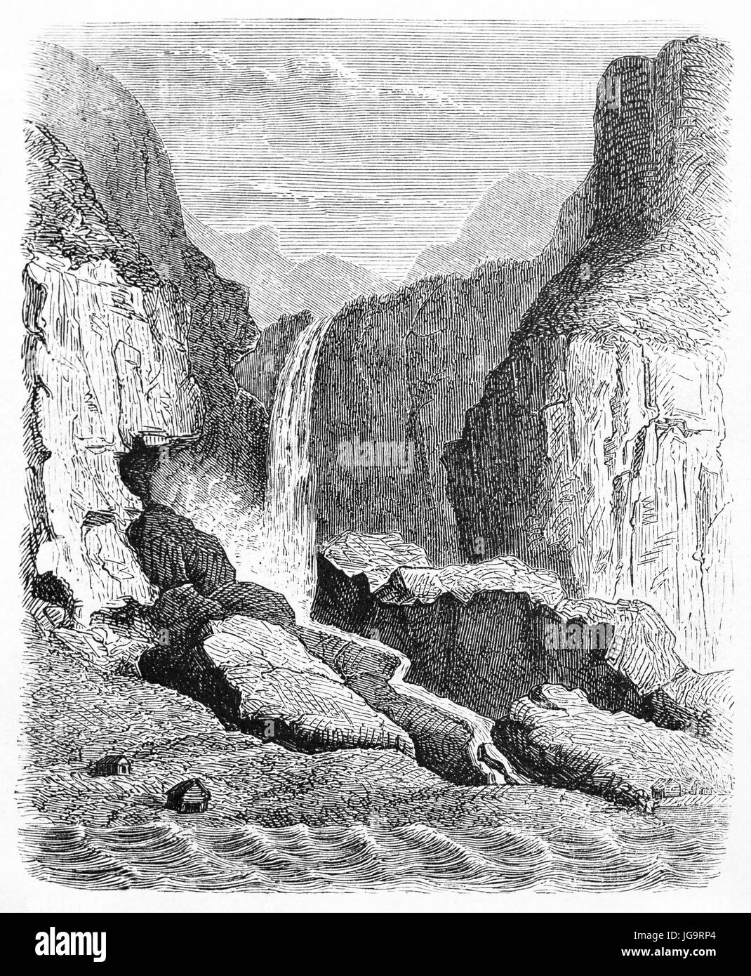 Cascate di Othun, Norvegia, tra rocce che fronteggiano parte di riva e acqua. Antica pittura di stile di incisione a toni grigi di autore non identificato, 1861 Foto Stock