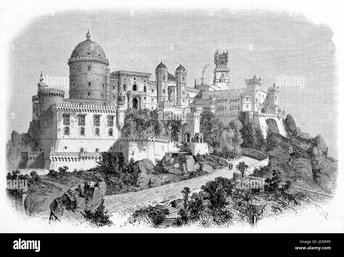 Grande vista generale dettagliata del Palazzo Nazionale di pena con la sua complessa architettura e torri, Sintra, Portogallo. Creato da Therond, pubblicato il 1861 Foto Stock