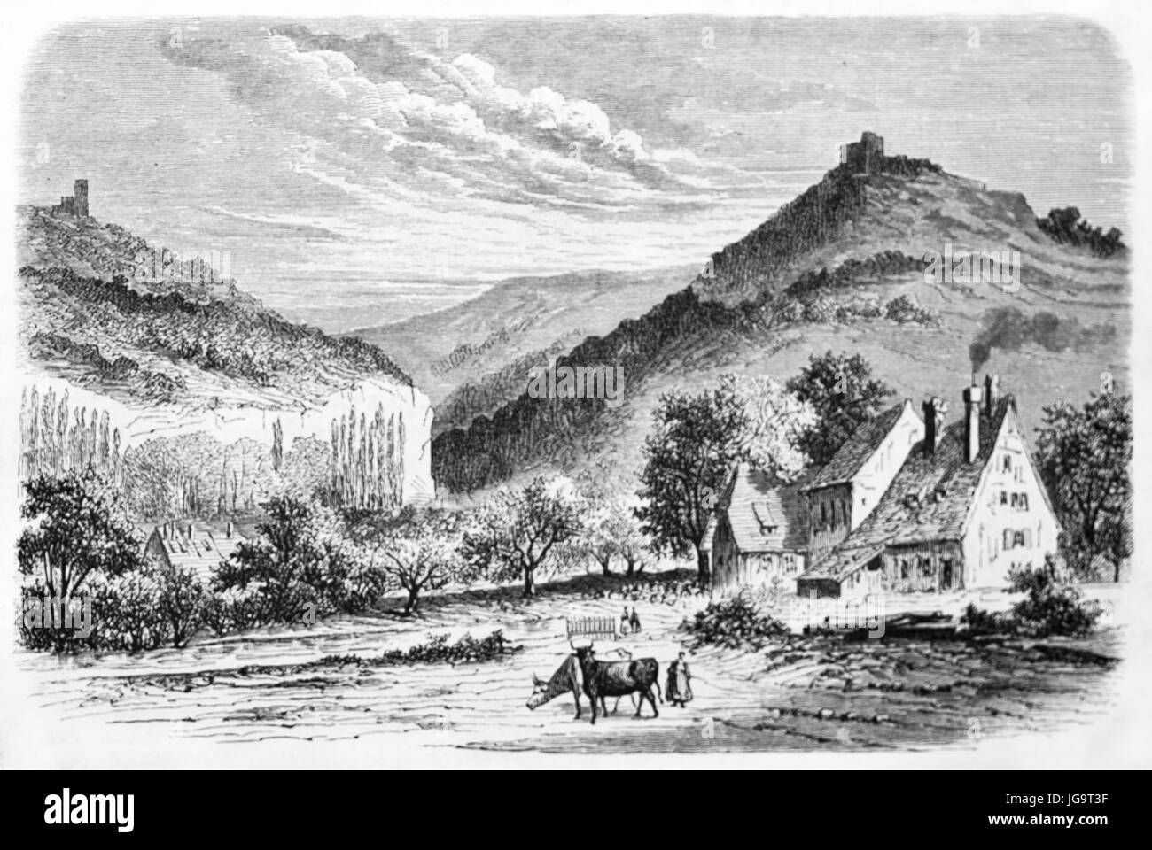 Tipica vecchia casa di campagna francese da sola nella natura di Saverne, in Francia. Antica arte di incisione in tonalità di grigio di Lancelot, pubblicata su 1861 Foto Stock