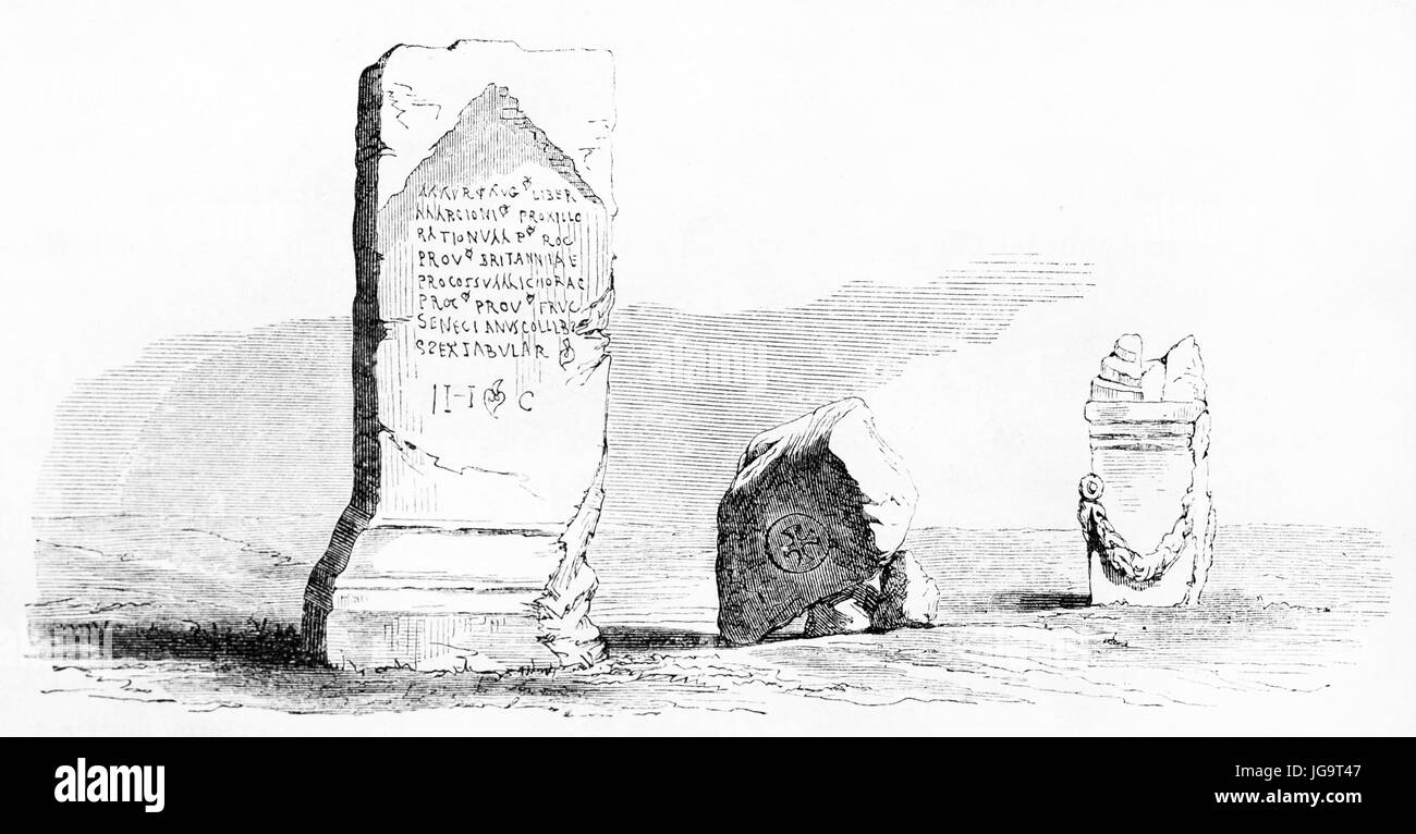 Frammenti di scultura a Kaimas, Turchia, stele e lapidi scritte incise. Antica arte di incisione in tonalità di grigio di Pelcoq, pubblicata il 1861 Foto Stock