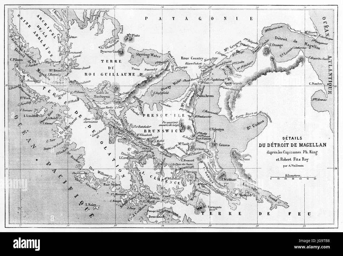 Stretto bianco e nero di Magellano vecchia mappa topografica. Antica arte di incisione in tonalità di grigio di Erhard e Bonaparte, pubblicata il 1861 Foto Stock