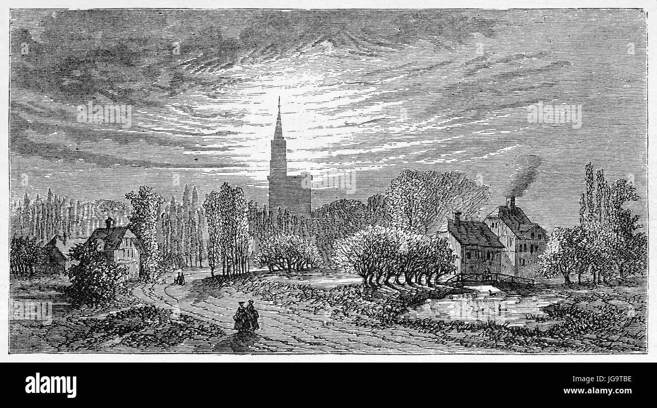 Strasburgo campagna circostante in serata e cattedrale in lontananza, Francia. Antica incisione in tonalità di grigio stile art di Lancelot, publ su 1861 Foto Stock