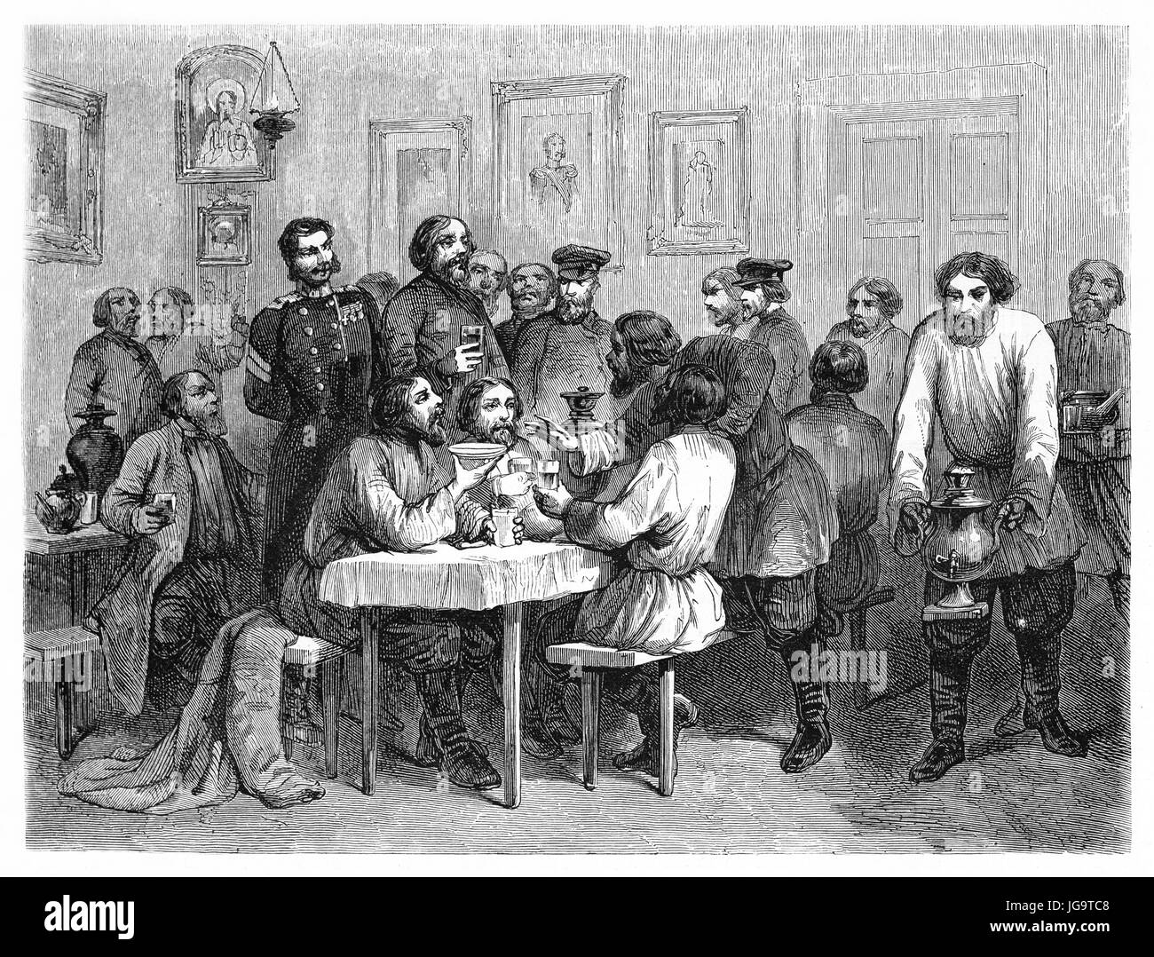 Persone che bevono e si divertono in un confortevole luogo d'incontro interno a San Pietroburgo, Russia (luogo pubblico come cabaret), pubblicato su 1861 Foto Stock