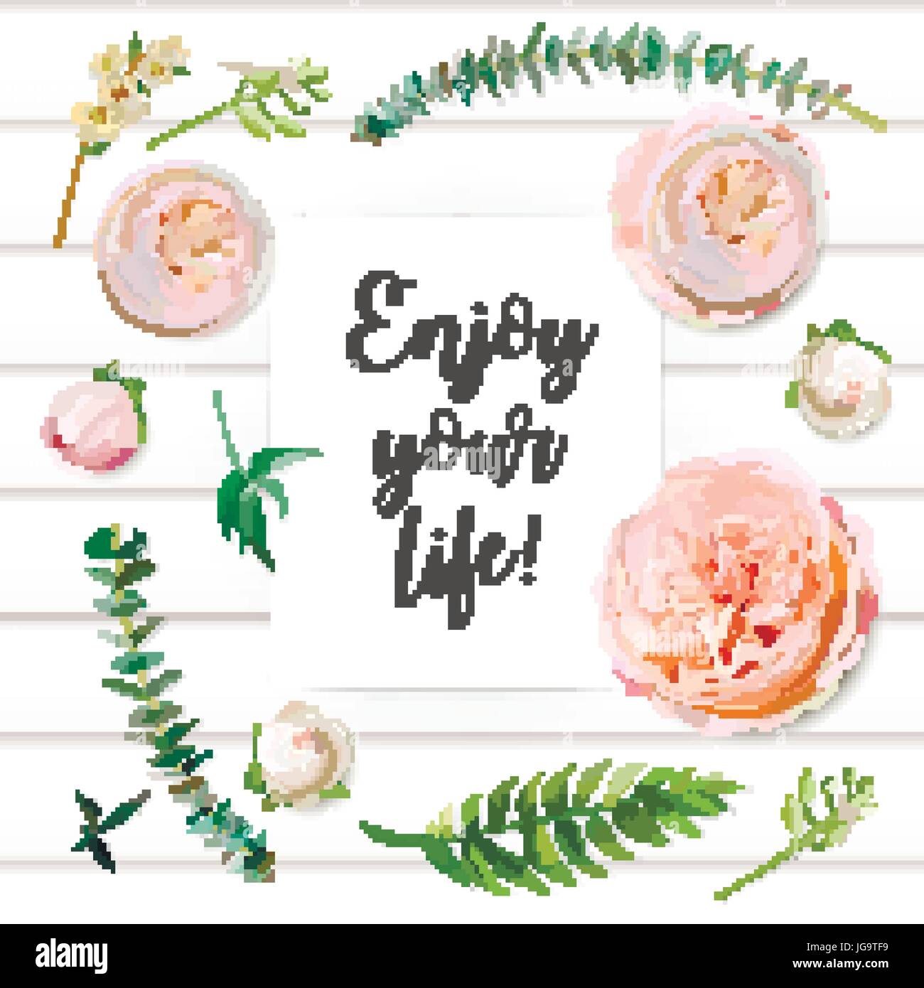 Vettore estate floreali seamless pattern: giardino rosa rose fiori verde felce piante di eucalipto verde sul tavolo di legno sfondo con scheda iscrizione Illustrazione Vettoriale