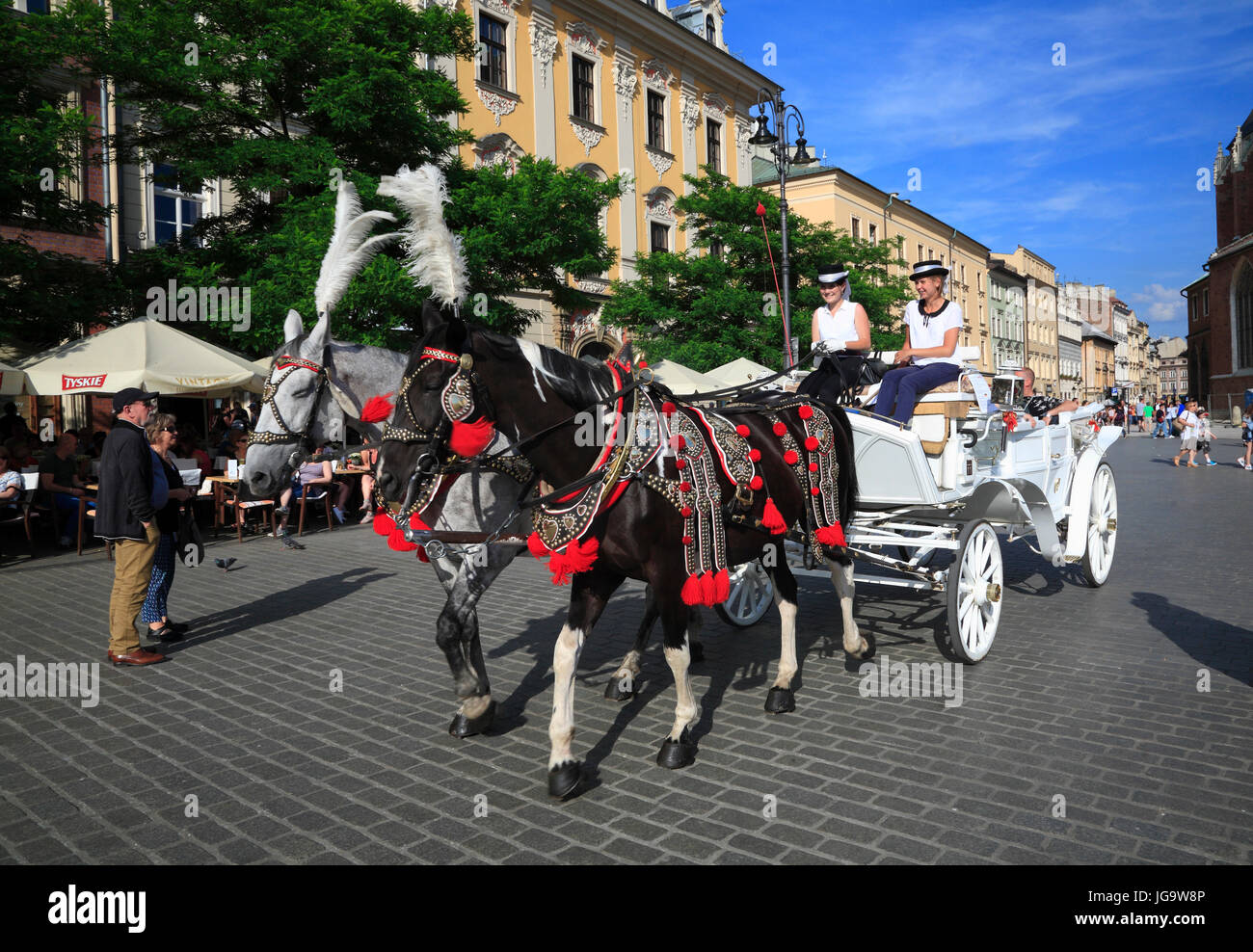 Europa, Polen, Krakau, Pferdekutsche am Rynek Foto Stock