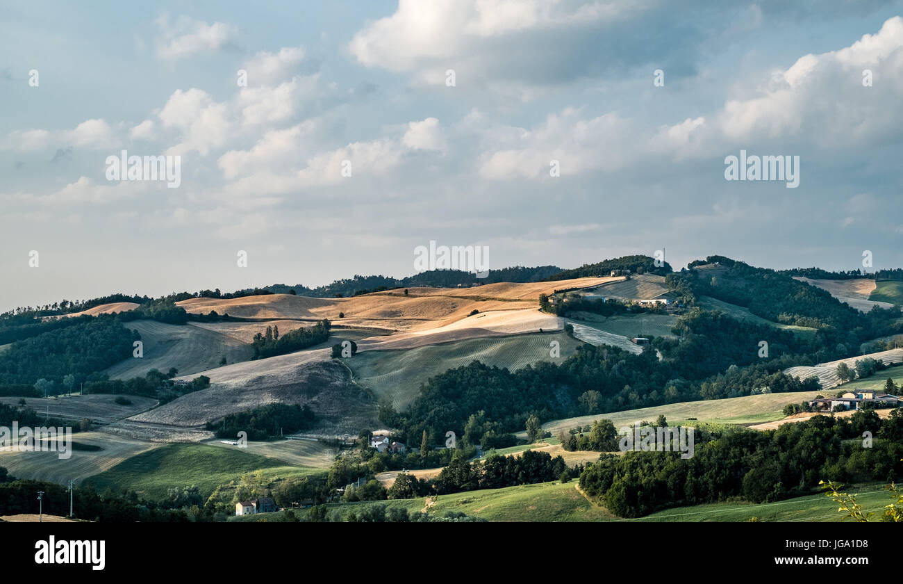 Colline coltivate nell'Appennino settentrionale. Monghidoro, provincia di Bologna, Emilia Romagna, Italia. Foto Stock