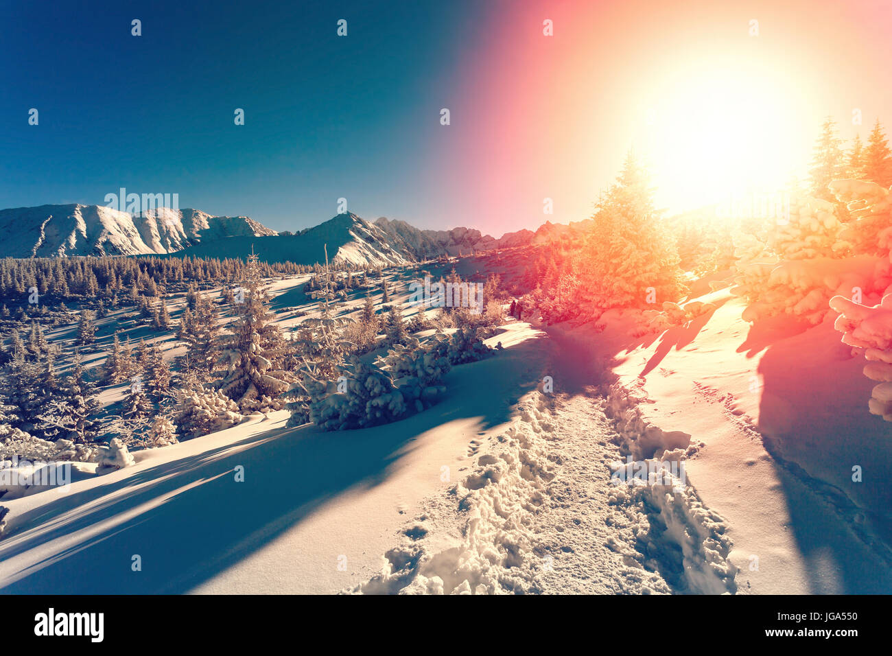 Paesaggio invernale con regolazione del sole Foto Stock