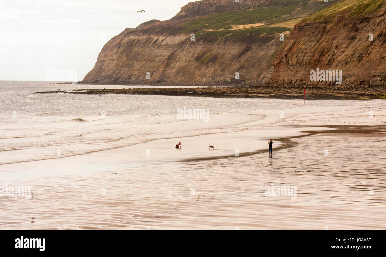 La spiaggia e il mare a Skinningrove,l'Inghilterra,UK con un uomo e una donna che gioca con il loro cane Foto Stock