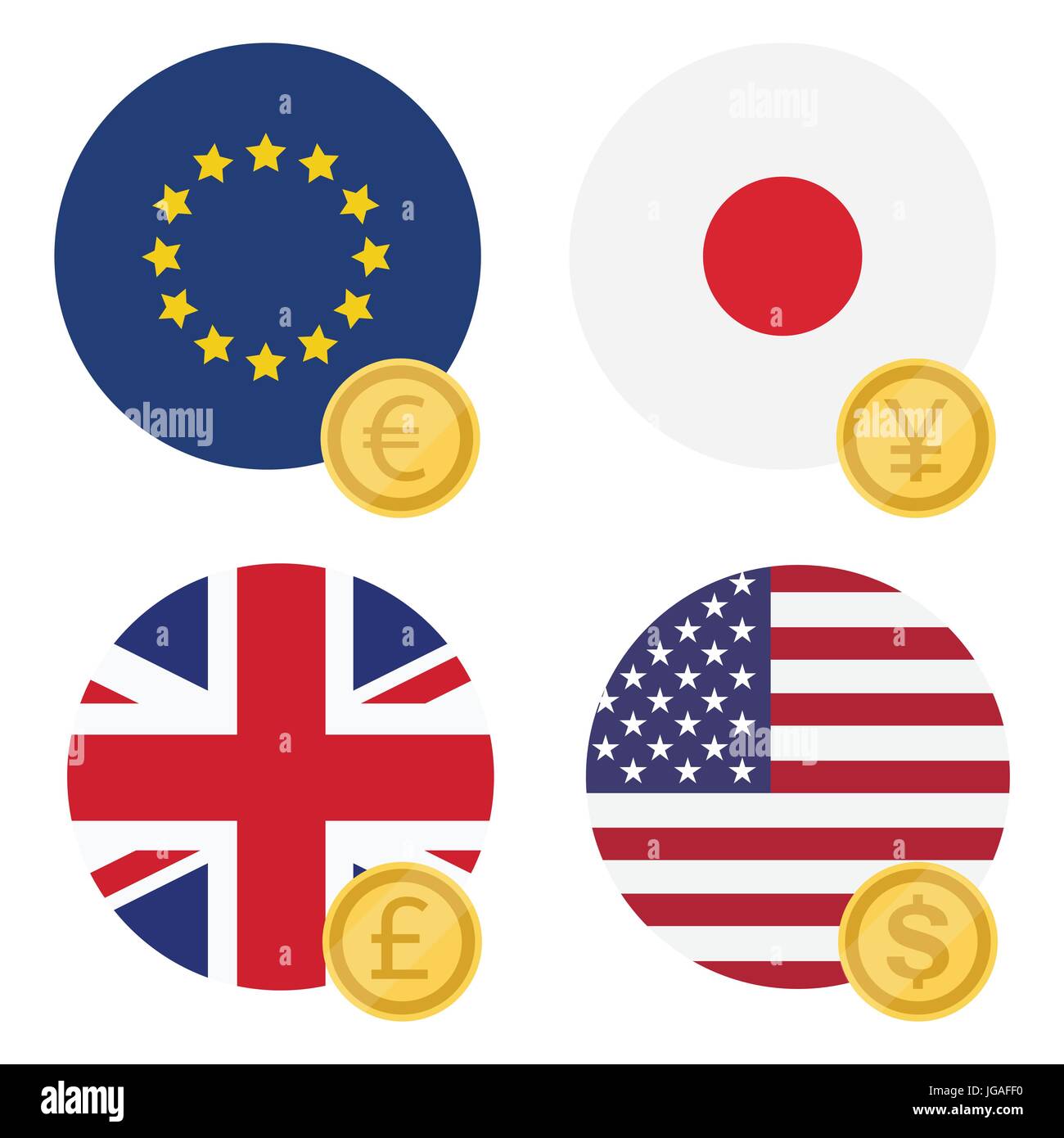 Illustrazione Vettoriale un euro, dollaro, sterlina britannica e yen simbolo di valuta su EU, UK, USA e Giappone bandiera. Illustrazione Vettoriale