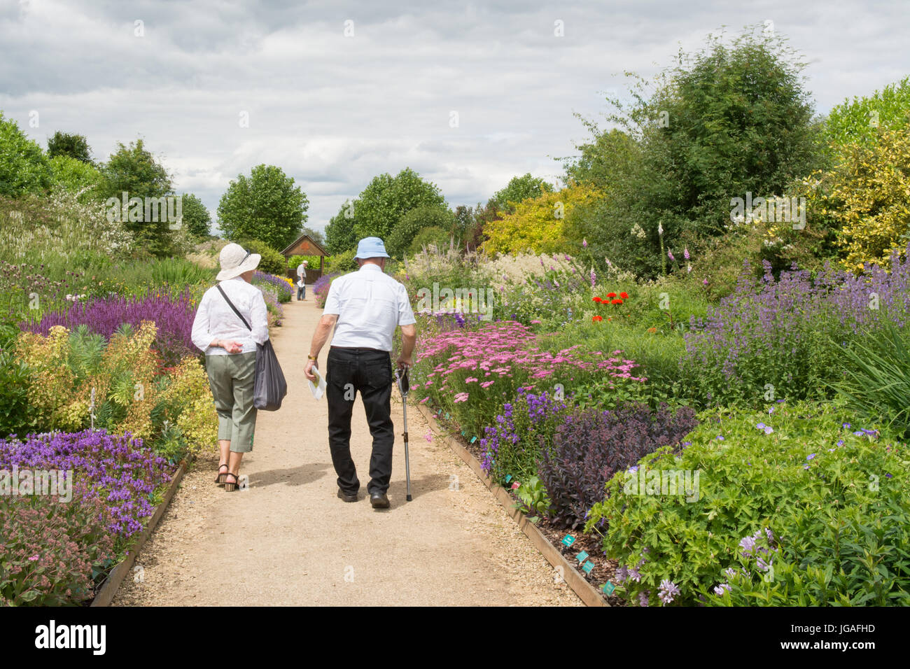 Coppia di anziani a piedi attraverso le ginocchia ariosi giardini, York Foto Stock