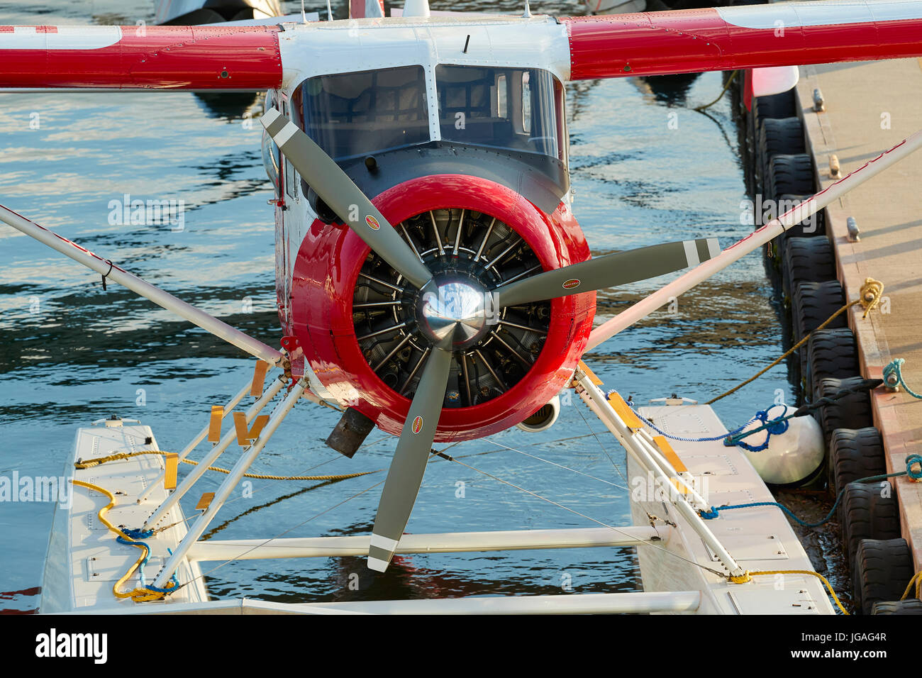 Iconici Porto Vintage aria idrovolanti DHC-2 Beaver idrovolanti ormeggiata al Porto di Vancouver Centro di Volo, British Columbia, Canada. Foto Stock