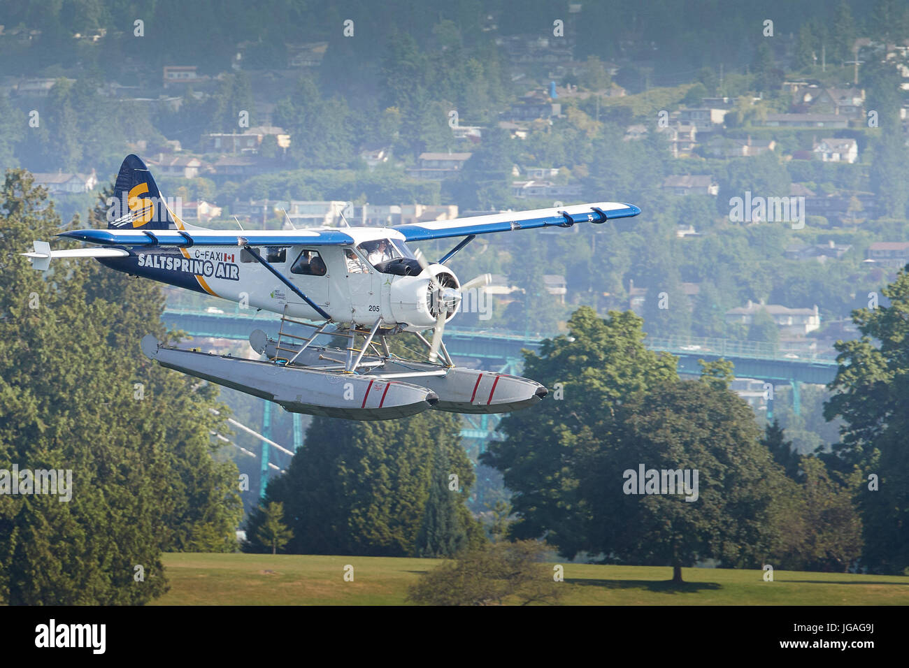 Un classico porto aria idrovolanti de Havilland DHC-2 Beaver rendendo il suo approccio nel porto di Vancouver acqua aeroporto, British Columbia, Canada. Foto Stock