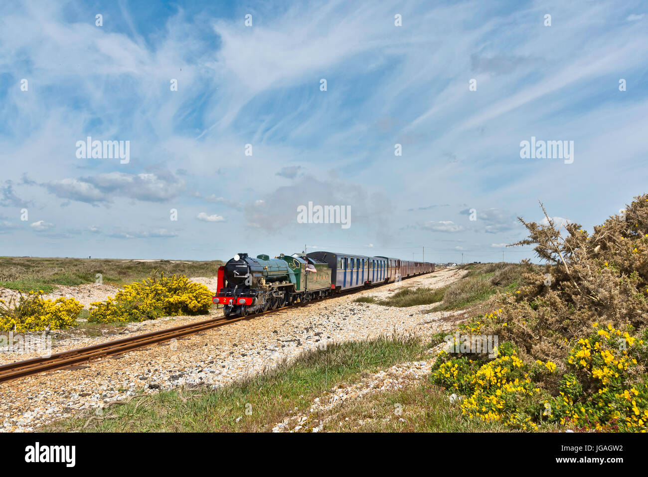 Romney, Hythe e Dymchurch railway. Un 15' indicatore ferrovia in miniatura nel Kent REGNO UNITO di Dungeness. La Uks solo deserto Foto Stock