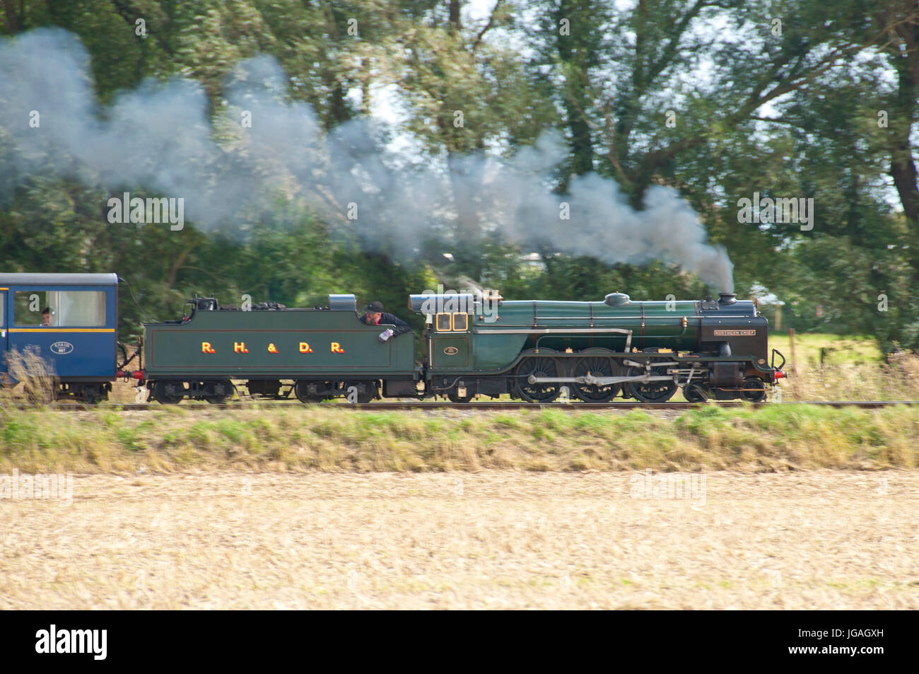 Romney Hythe e Dymchurch railway. Un 15' indicatore ferrovia in miniatura nel Kent REGNO UNITO. Foto Stock