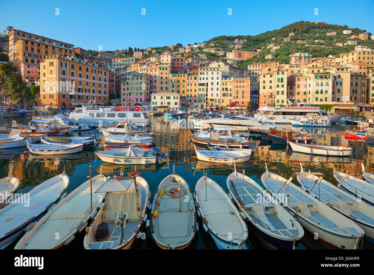 Camogli tipico villaggio con case colorate e piccolo porto in Italia, la Liguria in una giornata di sole Foto Stock