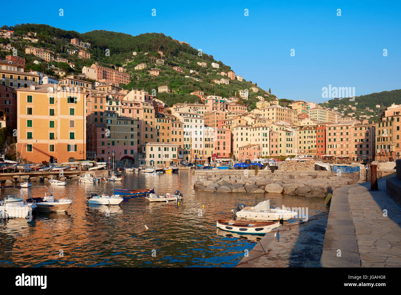 Camogli tipico villaggio con case colorate e piccola baia del porto in Italia, la Liguria in una giornata di sole Foto Stock