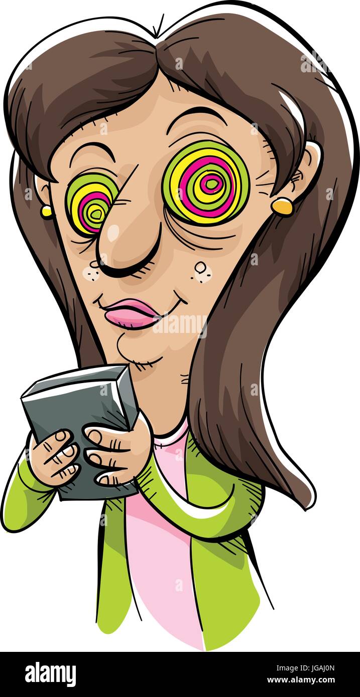 Un cartoon donna con occhi che hanno ipnotizzato dal suo smartphone mobile device che lei tiene. Illustrazione Vettoriale