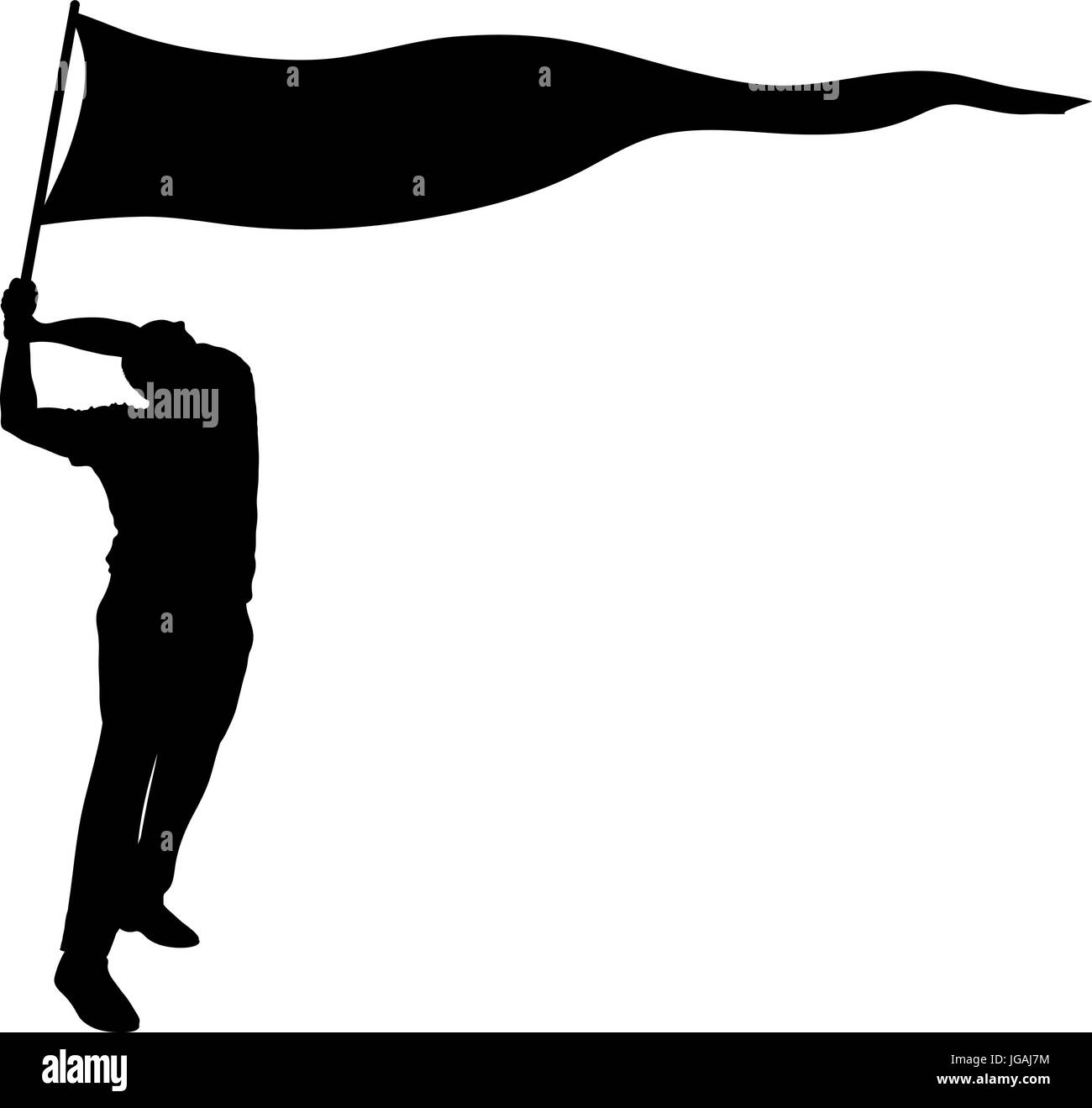 Un uomo in possesso di un banner di silhouette, volare nel vento. Illustrazione Vettoriale