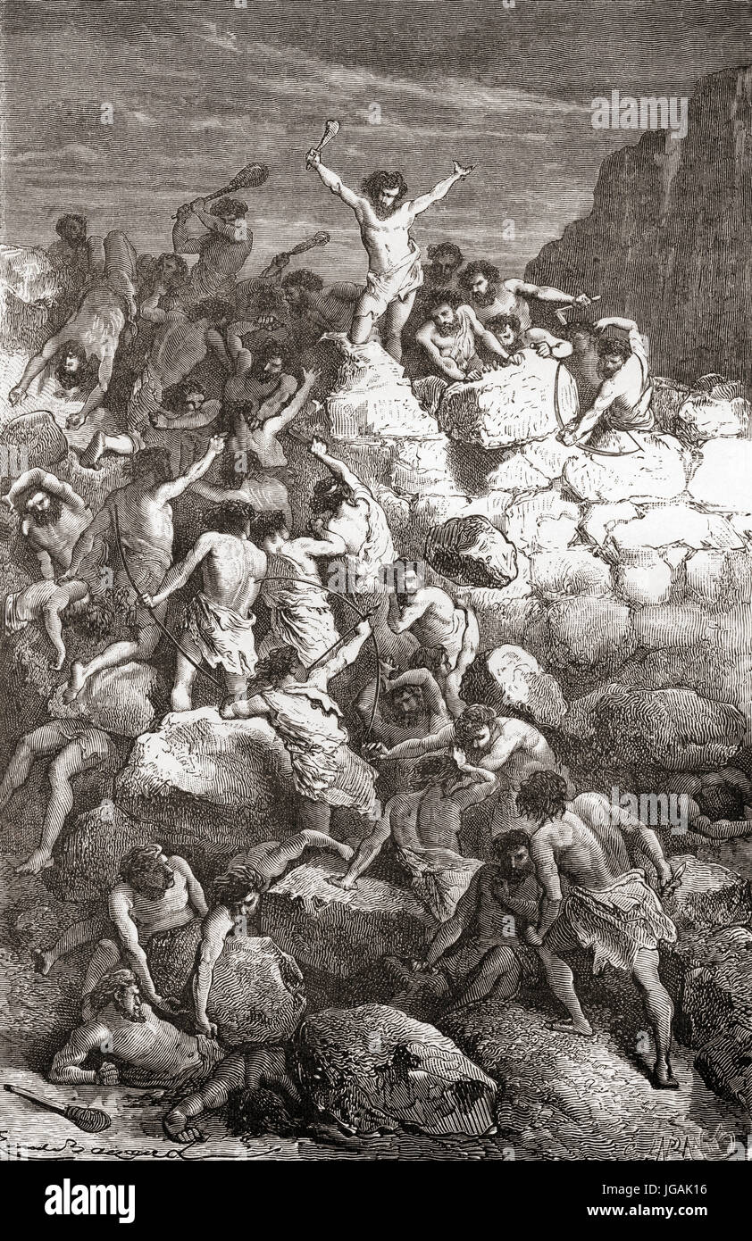 Gli scontri tra i Furfooz, Furfooz gara o Grenelle-Furfooz uomini, al camp di Furfooz, Namur, Belgio durante il Paleolitico Superiore o tarda Età della pietra. Da L'Homme Primitif, pubblicato 1870. Foto Stock