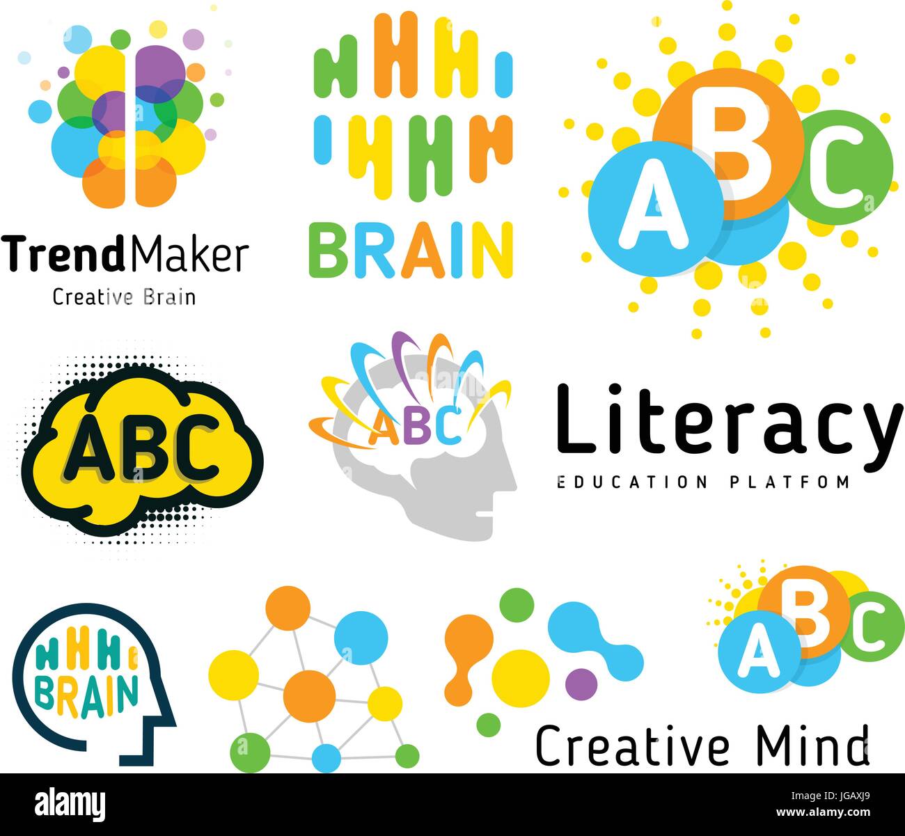 Cervello creativo. Scuola di Genius. Lo sviluppo umano. Specialità fino. Vettore lineare set logo. Illustrazione Vettoriale