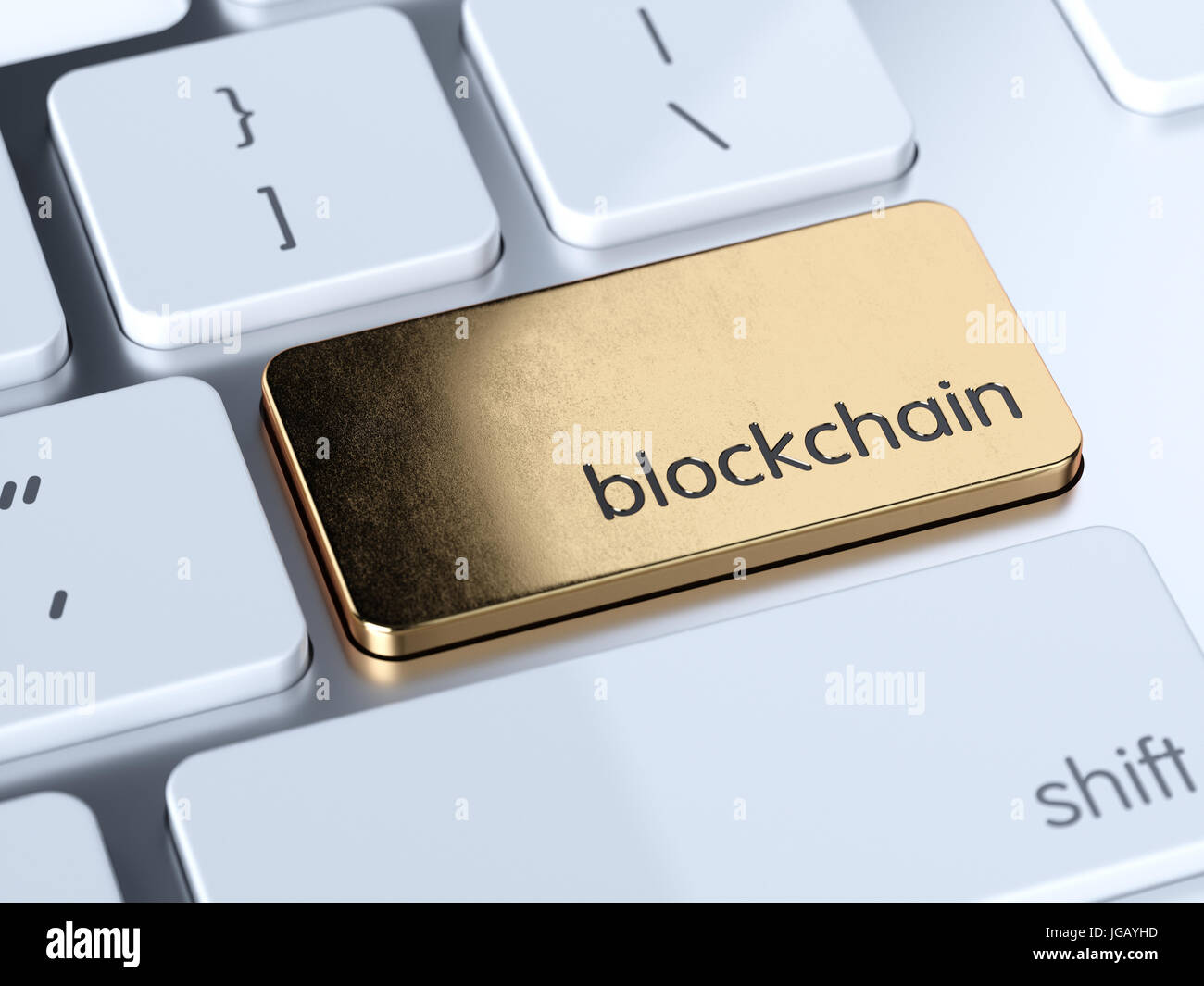 Golden blockchain servizio pulsante segno bianco sulla tastiera del computer. 3D rendering concept Foto Stock