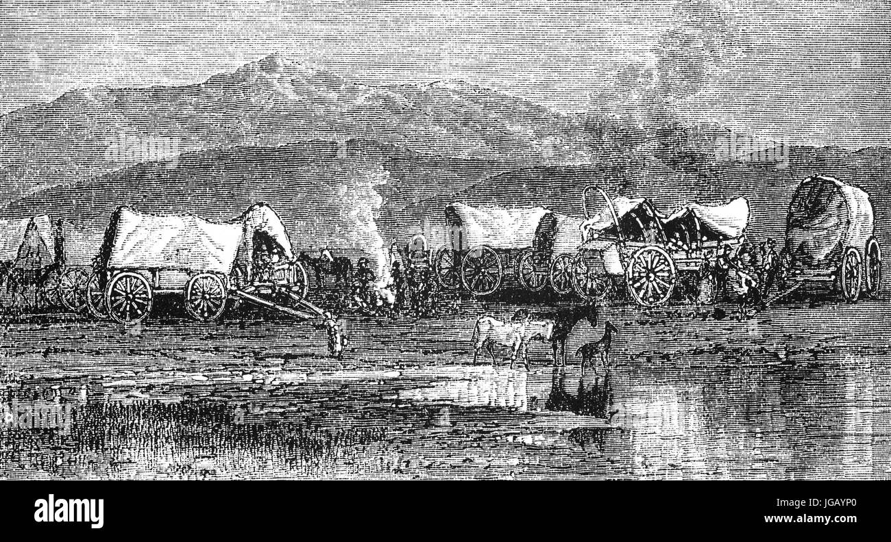 Un pionieristico vagone treno Camp in direzione ovest nello stato del Nebraska, Stati Uniti d'America Foto Stock