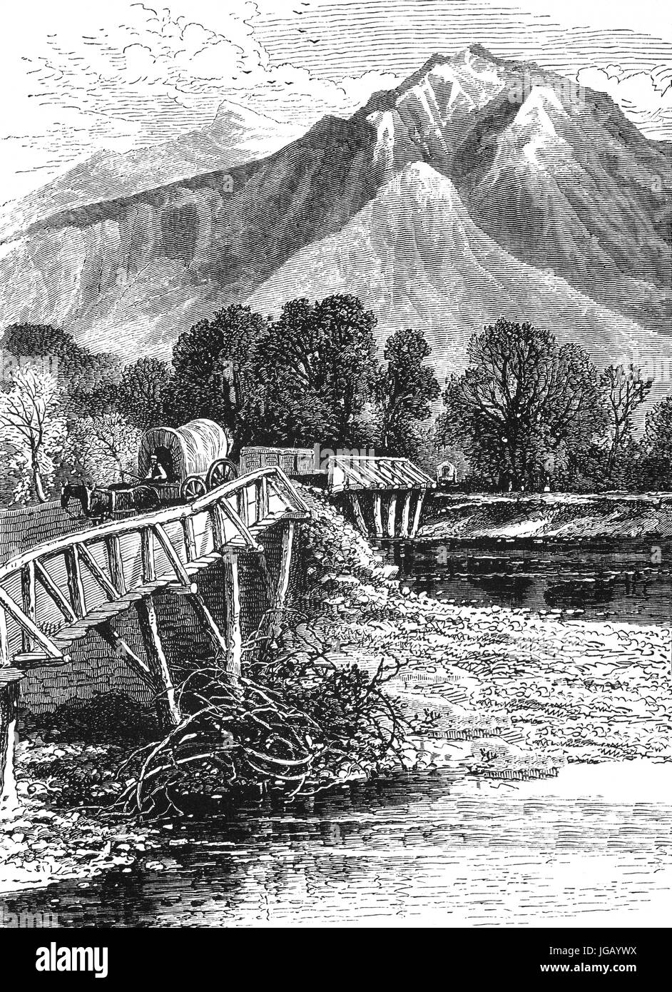 1879: carro coperto attraversando il fiume Ogden nella gamma Wahsatch di montagne in Utah, Stati Uniti d'America Foto Stock