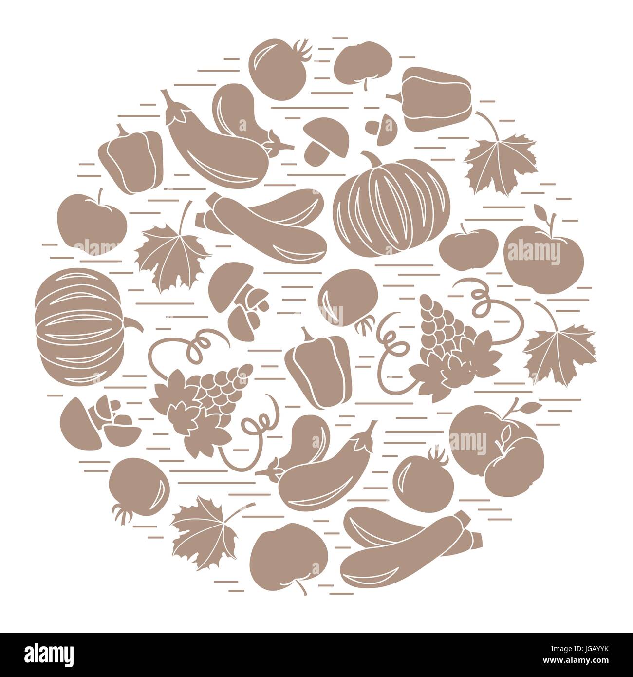Set di autunno frutta di stagione e verdure in cerchio. Pomodoro, peperone, uve, zucchine e altri rientrano la frutta e la verdura per un annuncio pubblicitario Illustrazione Vettoriale