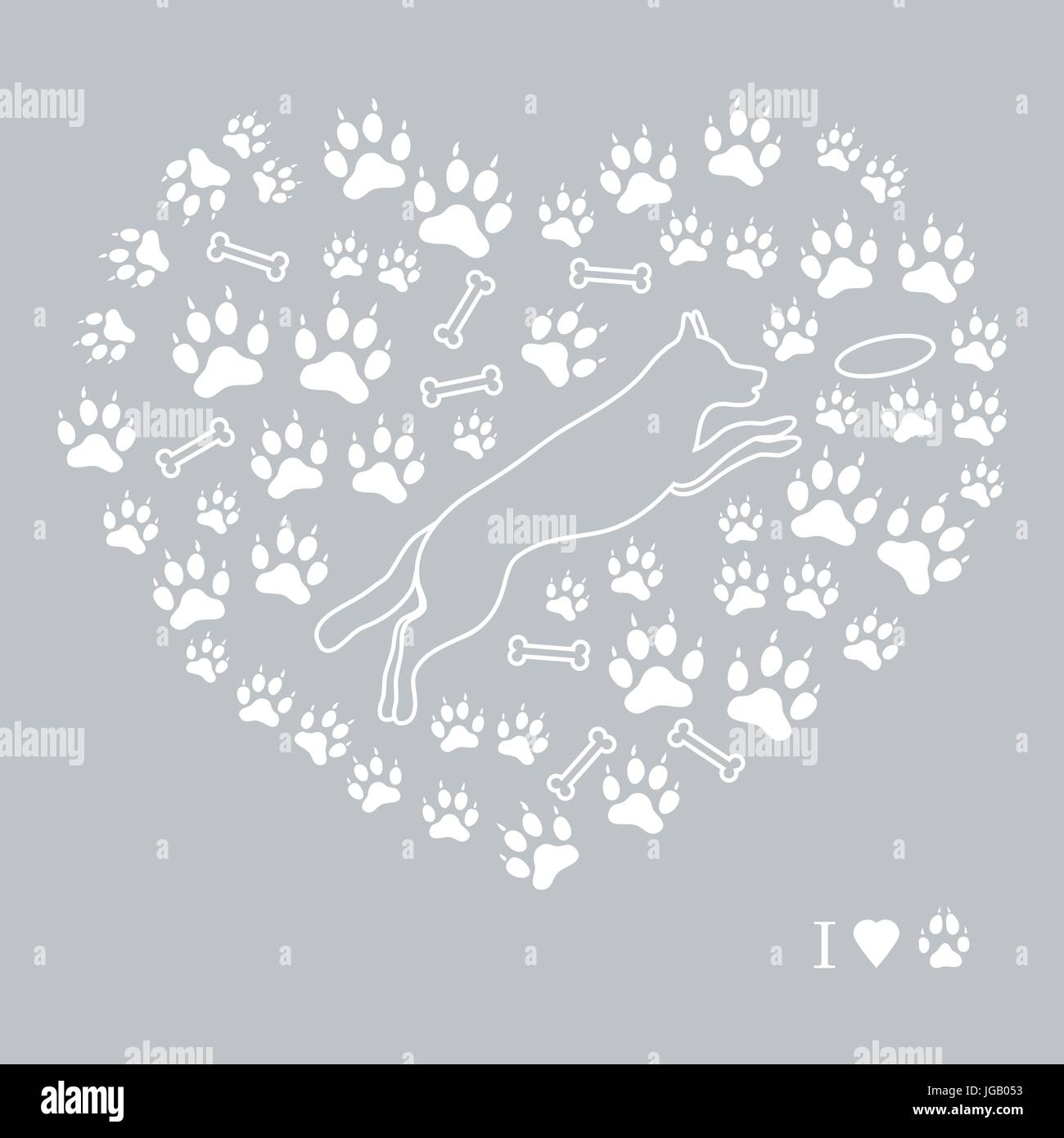 Bella immagine del cane di salto silhouette su uno sfondo di cane le vie e le ossa in forma di cuore su uno sfondo colorato. Illustrazione Vettoriale