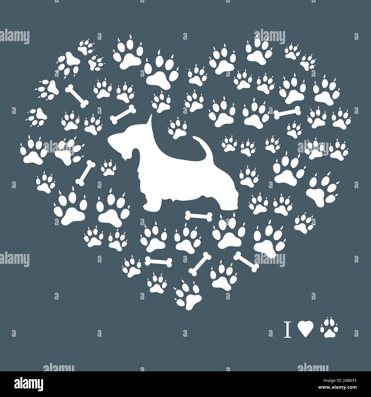 Bella immagine di scotch terrier silhouette su uno sfondo di cane le vie e le ossa in forma di cuore su uno sfondo colorato. Illustrazione Vettoriale