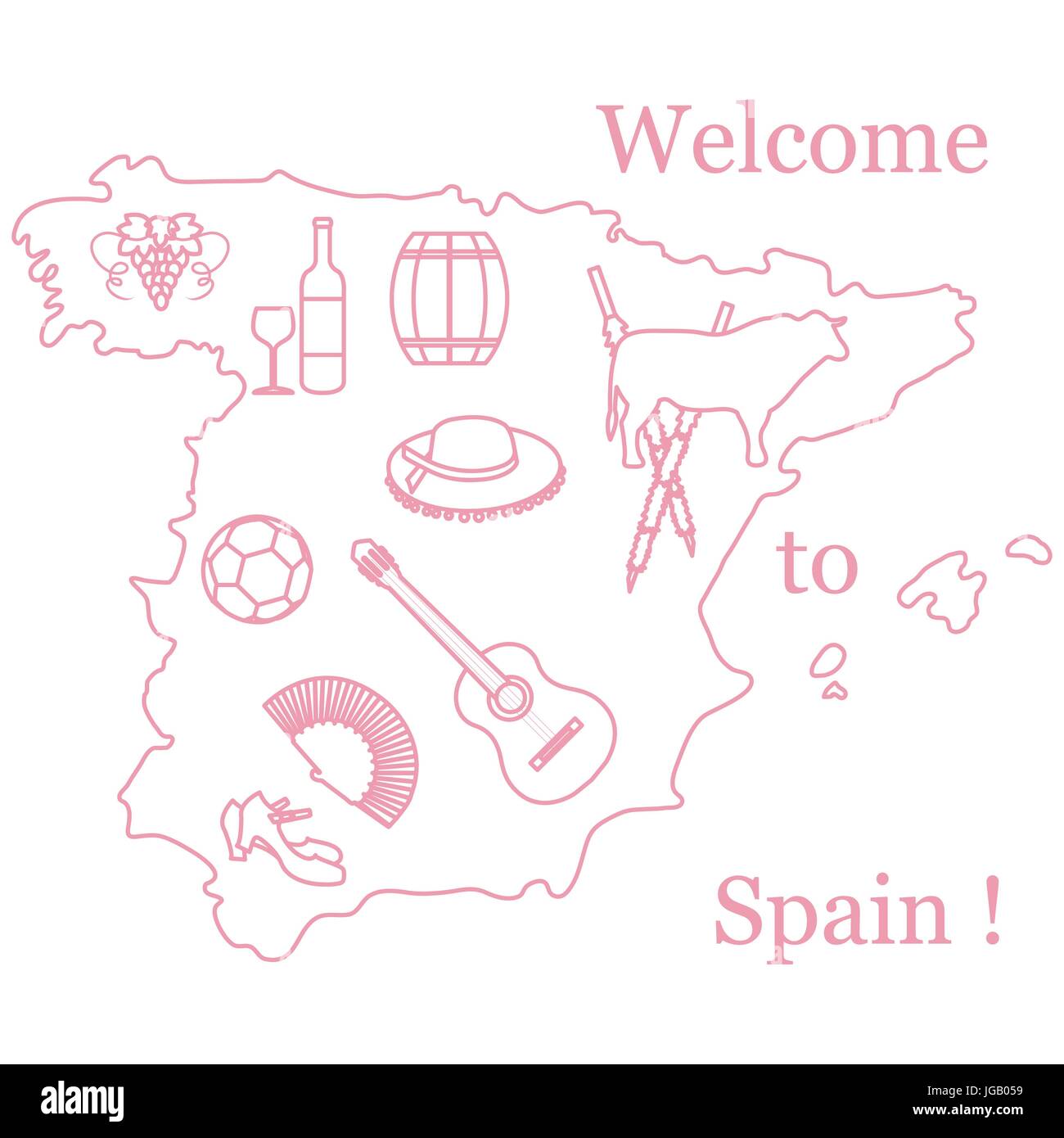 Illustrazione Vettoriale con vari simboli della Spagna. Viaggi e tempo libero. Design per banner, poster o di stampa. Illustrazione Vettoriale