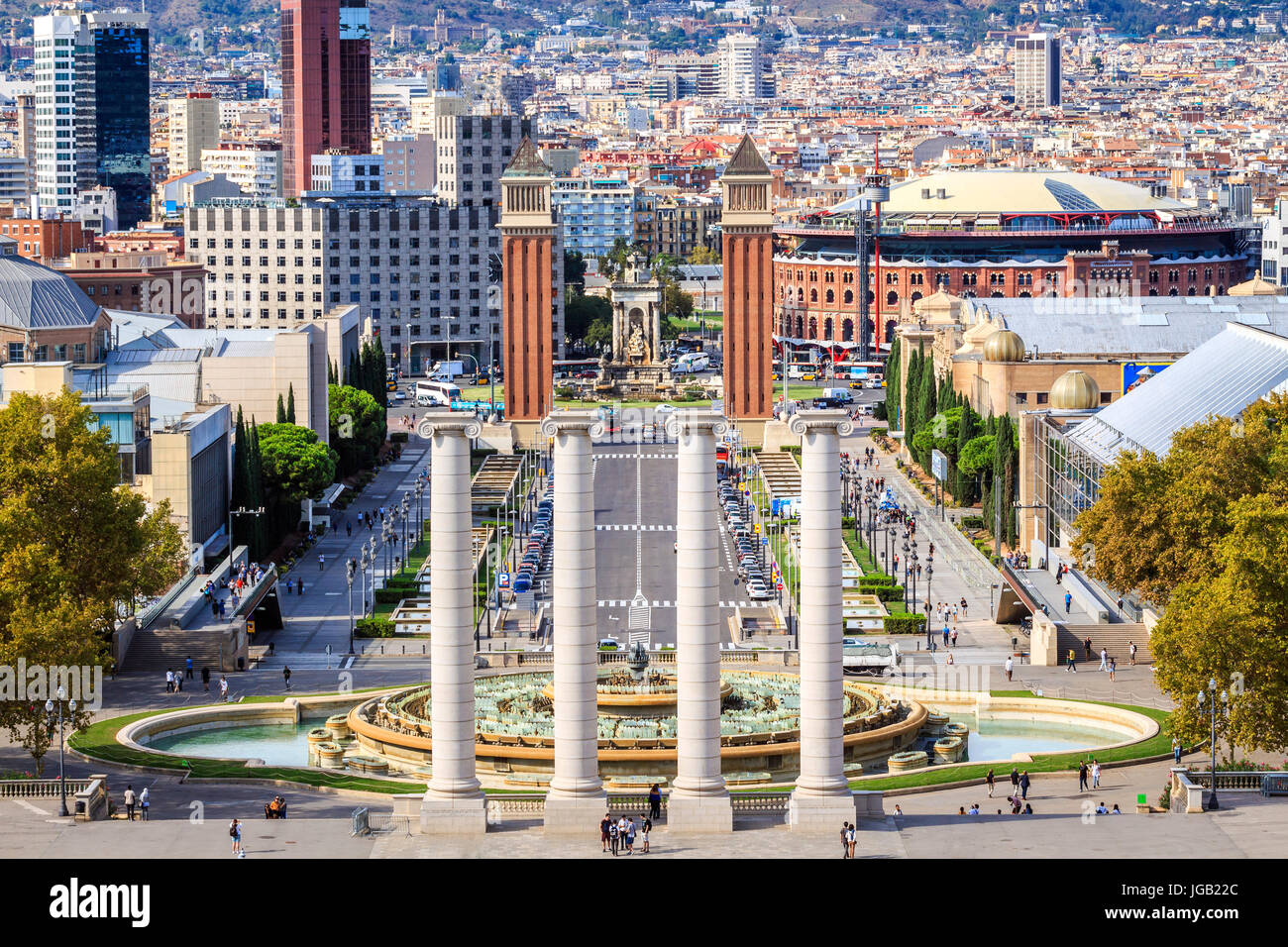 Plaça de les cascades, Plaça Espanya e Tibidabo, Barcellona, Spagna Foto Stock