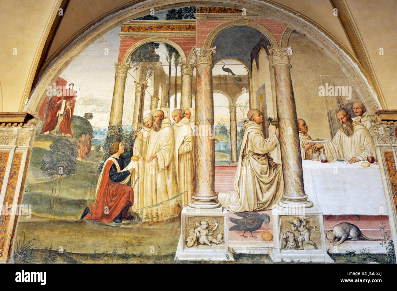 Affreschi rinascimentali, vita di san Benedetto, dipinto di il sodoma, lato Sud del Grande Chiostro, Abbazia di Monte Oliveto maggiore, Toscana, Italia Foto Stock