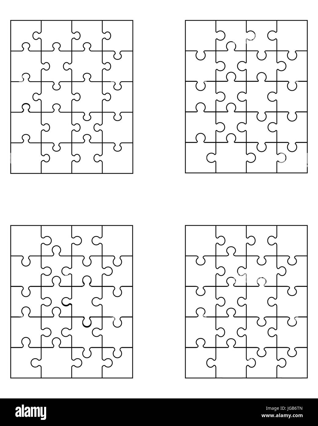 Illustrazione di vettore di quattro diversi puzzle bianco, pezzi separati Foto Stock