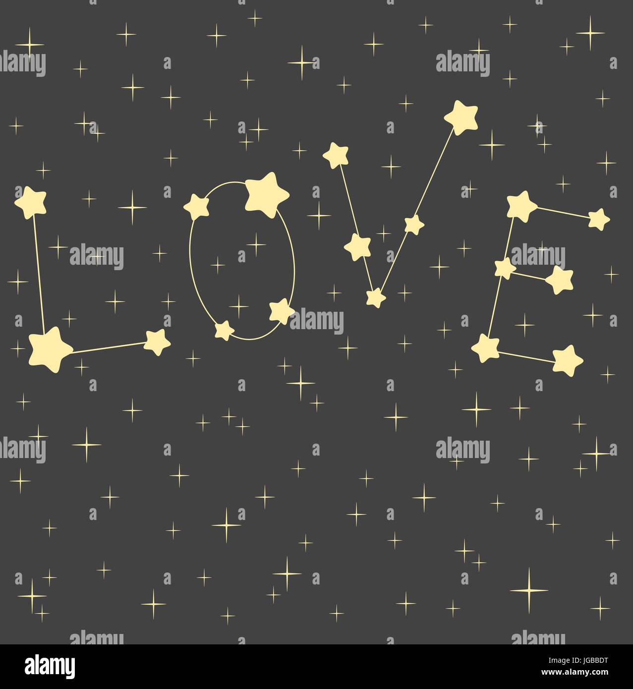 La parola amore nel cielo stellato carino incantevole e romantica illustrazione vettoriale Illustrazione Vettoriale