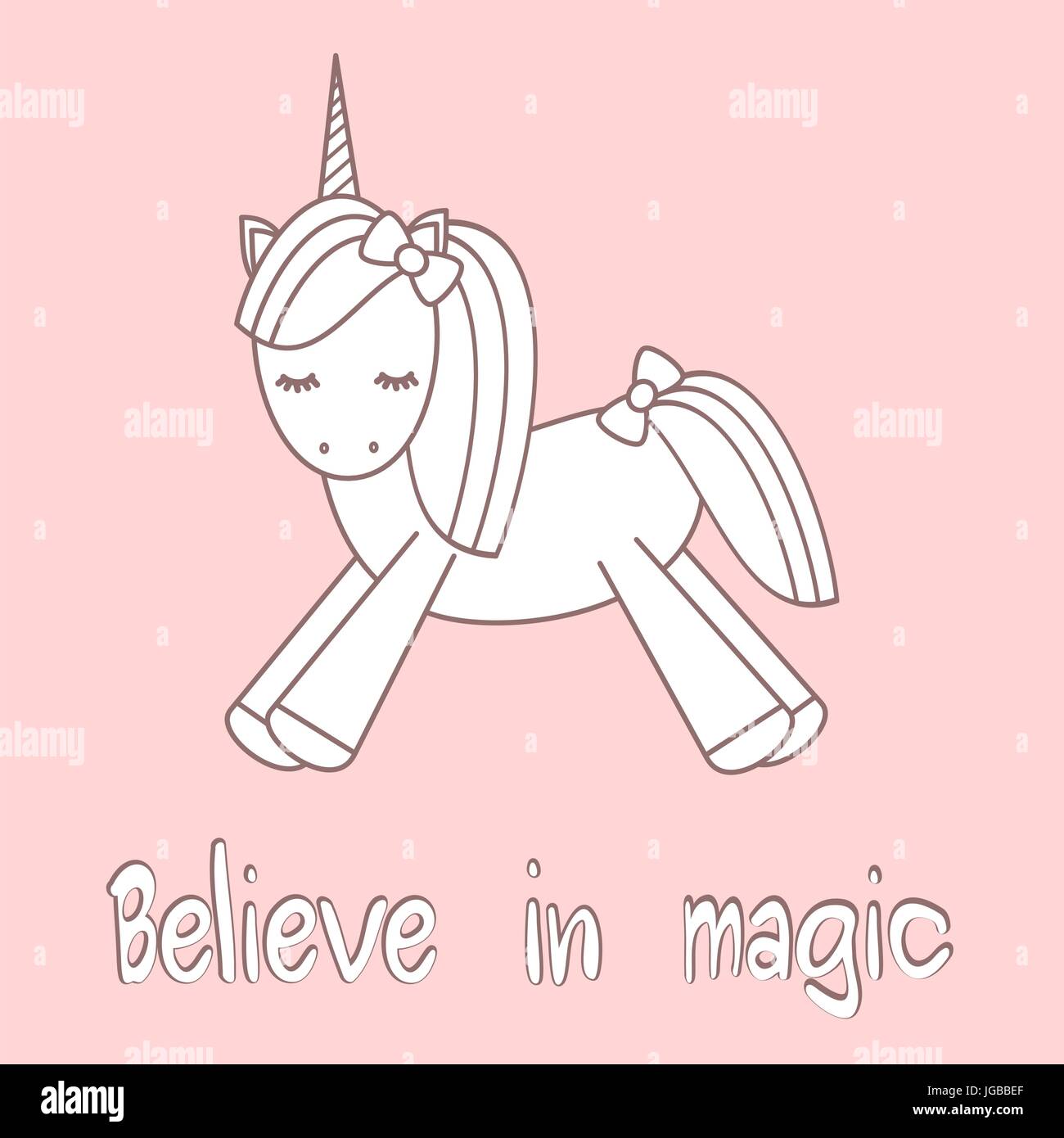 Disegnata a mano scritte slogan credere nella magia vettore motivazionale card con Cartoon carino unicorn Illustrazione Vettoriale