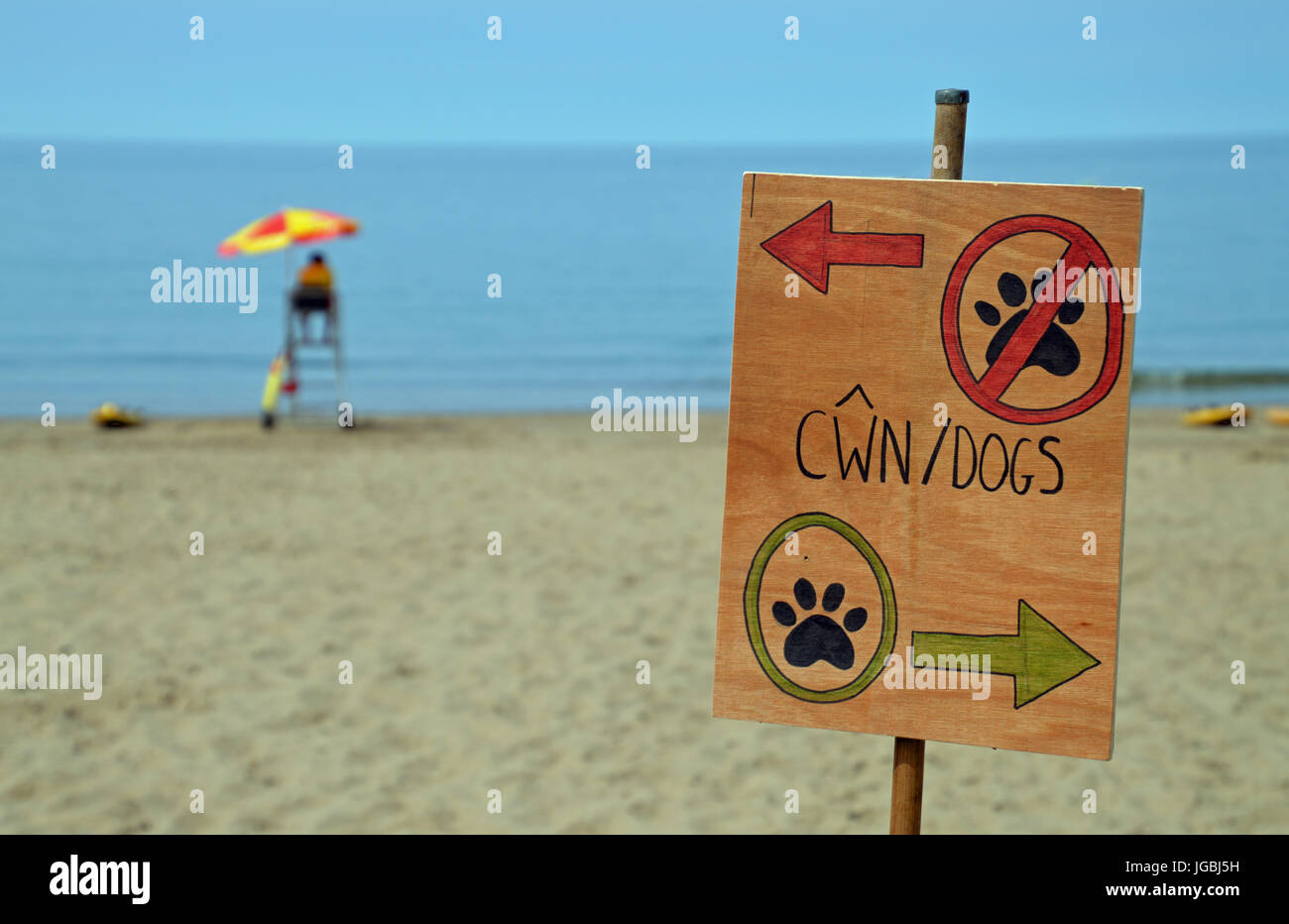 Cane segno di avvertimento e RNLI bagnino, la spiaggia di Tresaith, Ceredigion, Galles Foto Stock