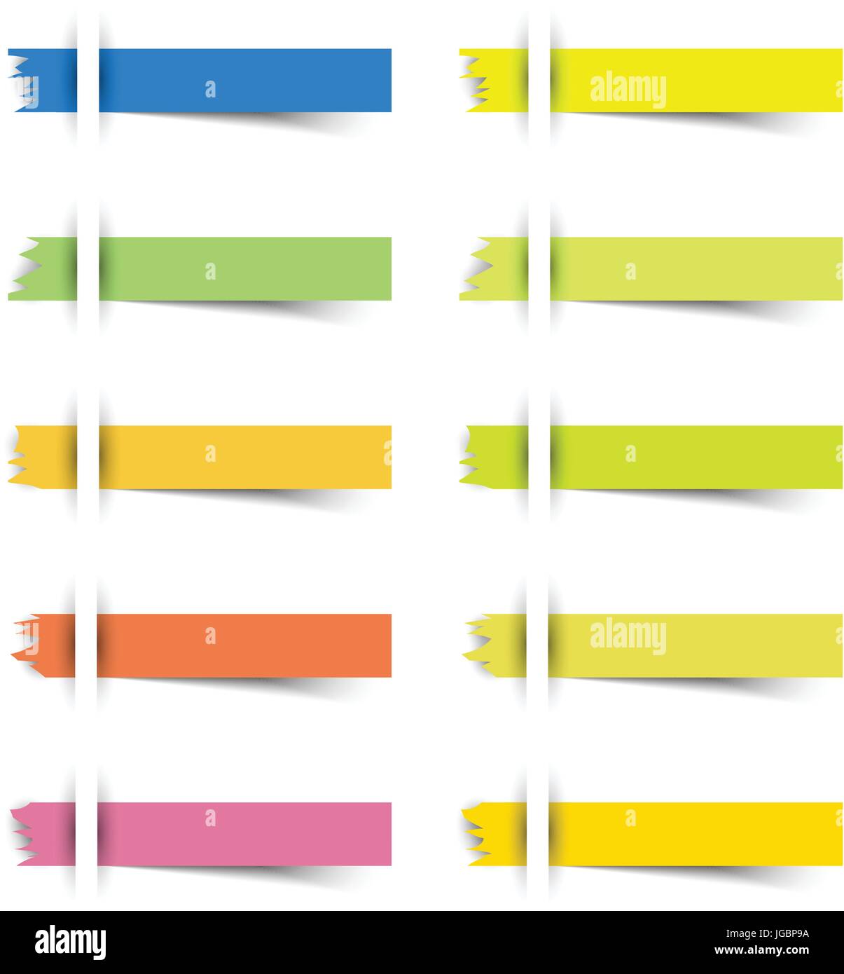 10 vuoto colorato strappato i rettangoli sticky notes inserito per un libro bianco con ombra. utile per memo business, istruzione, la scheda Notifiche. Illustrazione Vettoriale