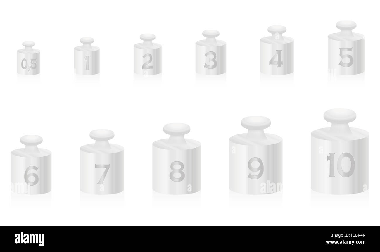 Peso argenteo masse per scala di argento - set da uno a dieci, più una mezza unità - illustrazione su sfondo bianco. Foto Stock Peso argenteo masse per scala di argento - set da uno a dieci, più una mezza unità - illustrazione su sfondo bianco. Foto Stock