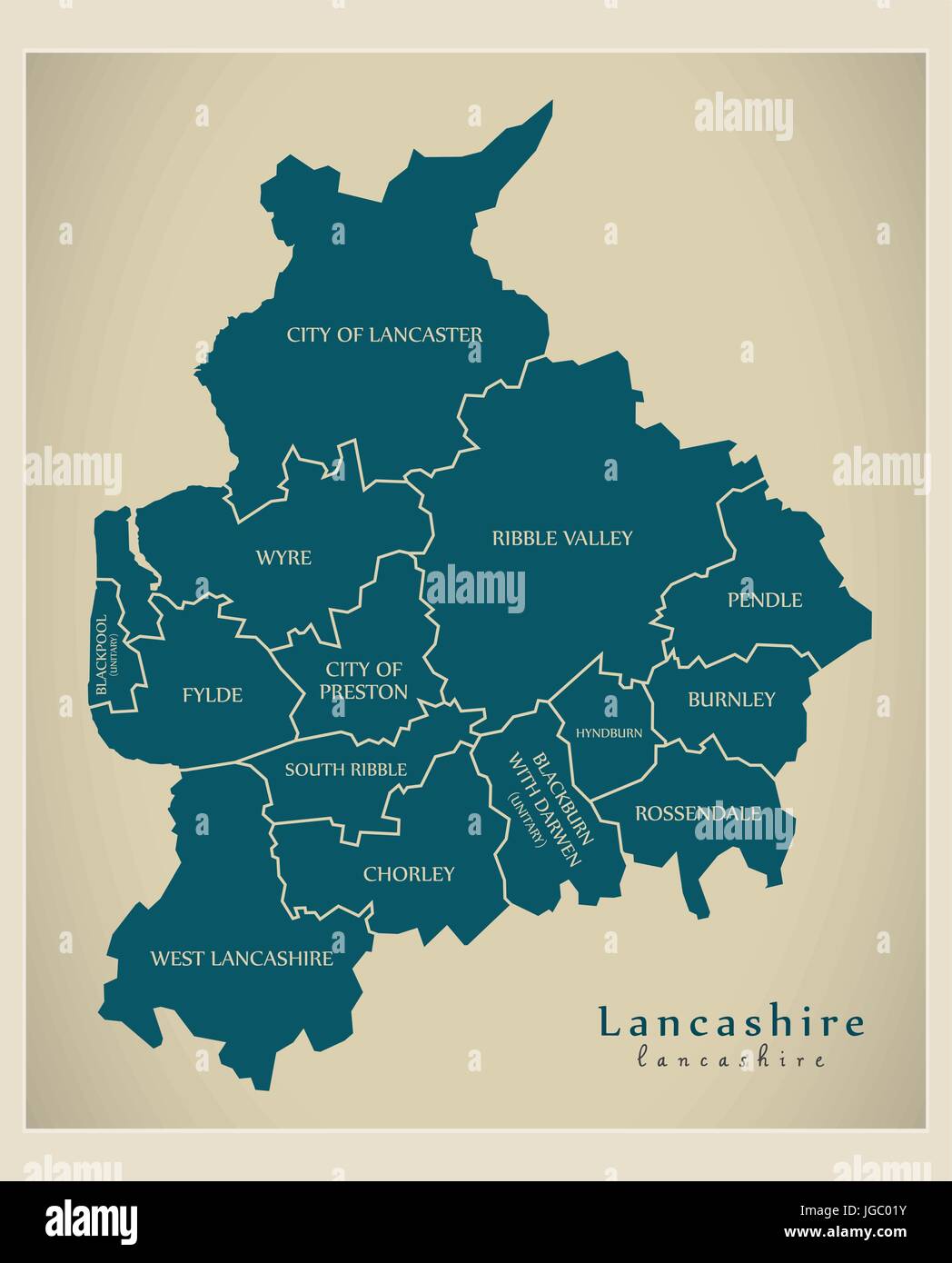 Mappa moderno - Lancashire County con la contea di dettagliate didascalie Inghilterra illustrazione del Regno Unito Illustrazione Vettoriale