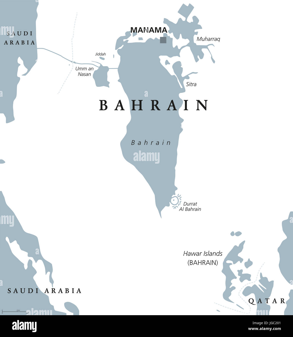 Bahrain mappa politico con capitale Manama. Regno nel Golfo Arabico. Paese insulare e arcipelago tra Qatar e Arabia Saudita. Foto Stock