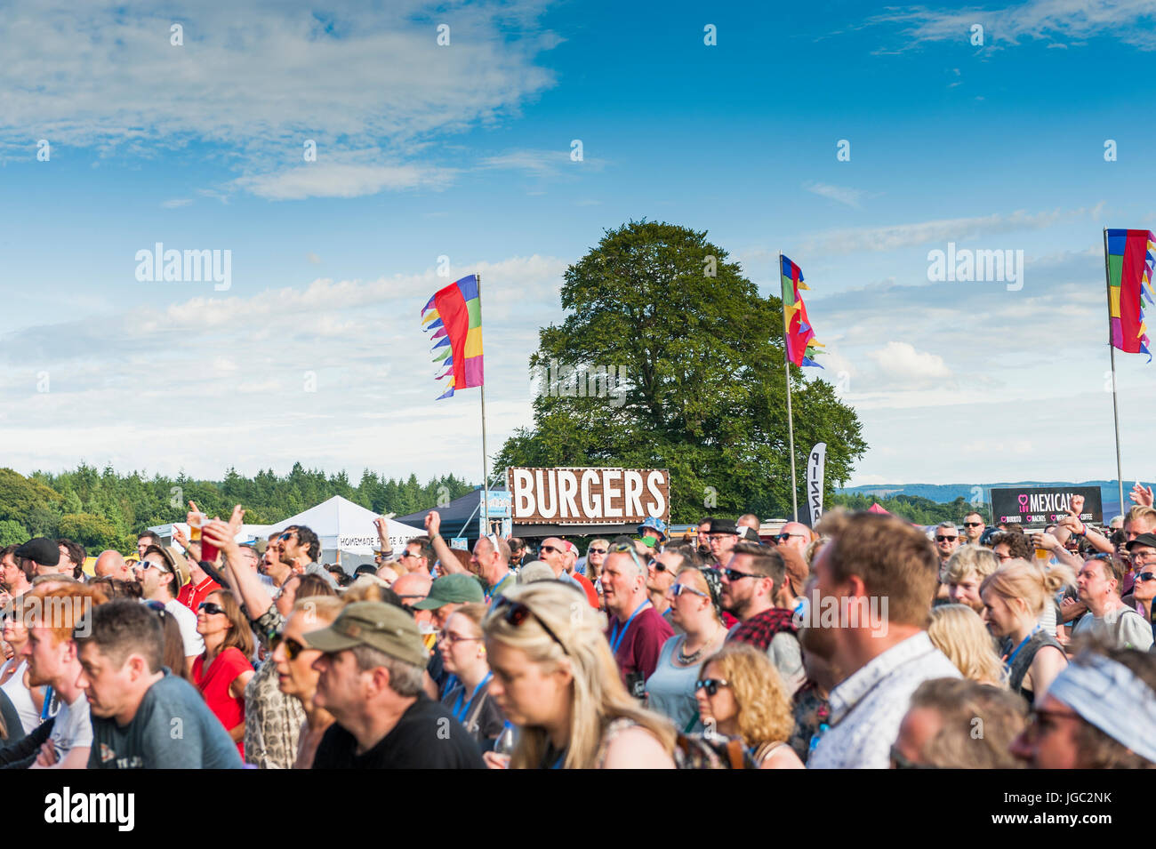 Thornhill, Scotland, Regno Unito - 27 agosto 2016: i frequentatori del festival in piedi dietro la barriera a campi elettrici festival in motivi di Drumlanrig Foto Stock