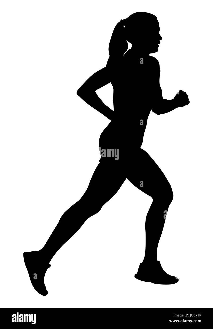 Ragazza atleta runner acceso vista laterale silhouette nera Foto Stock