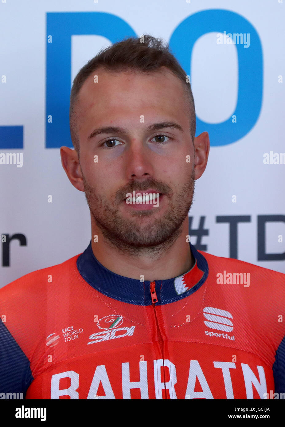 Duesseldorf, Germania. Il 29 giugno, 2017. Italia del Sonny Colbrelli del Tour de France 2017's Team Bahrain - Merida, fotografato a Duesseldorf in Germania, 29 giugno 2017. Foto: Daniel Karmann/dpa/Alamy Live News Foto Stock