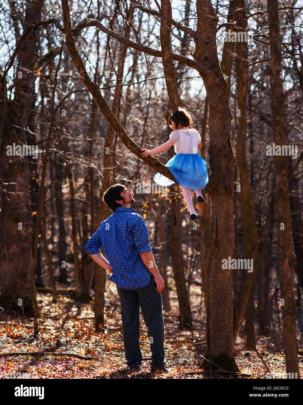 Padre guardando la sua figlia seduta in una struttura ad albero Foto Stock