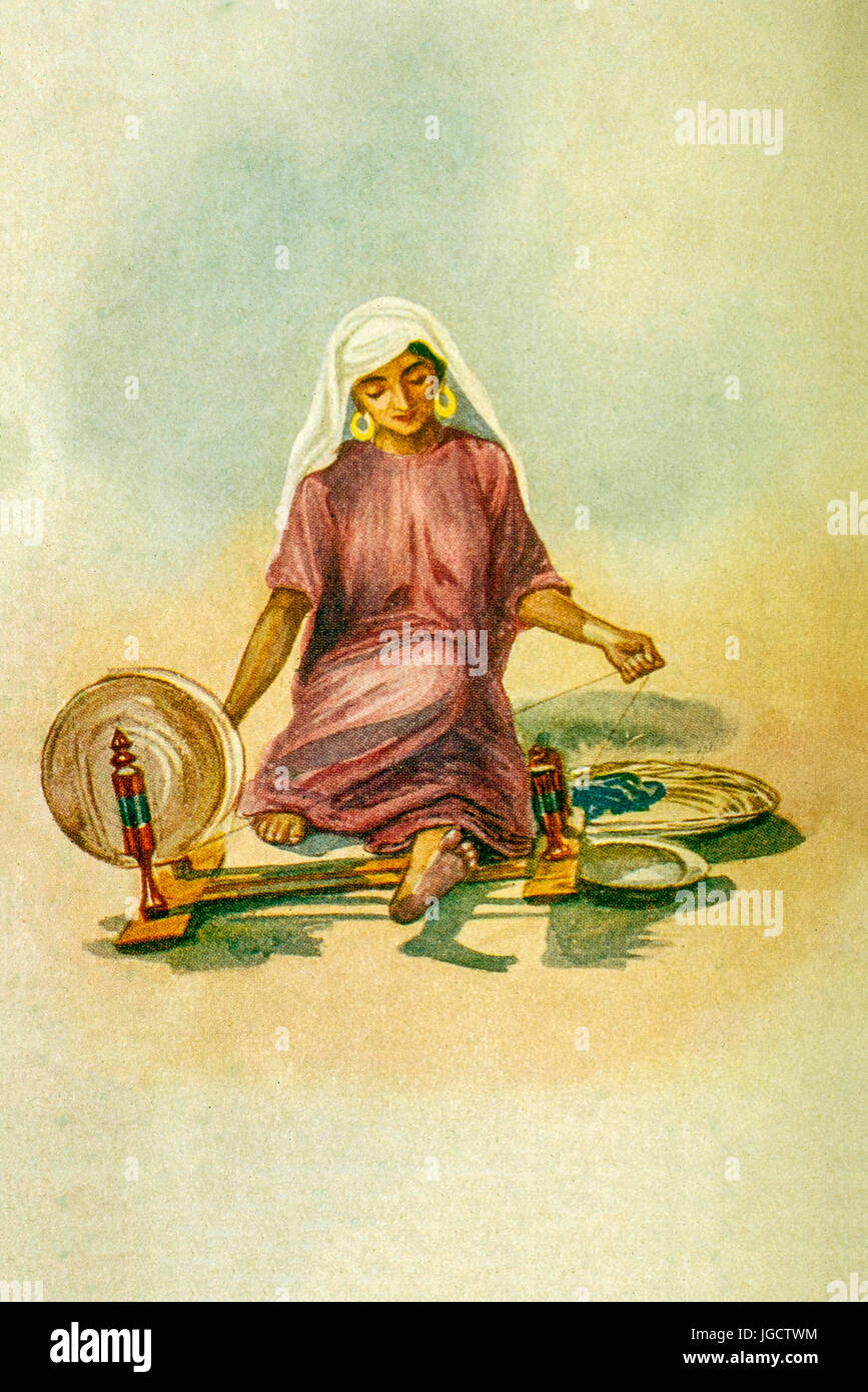 Vecchio dipinto d'epoca di donna su ruota rotante Charkha, India, Asia Foto Stock